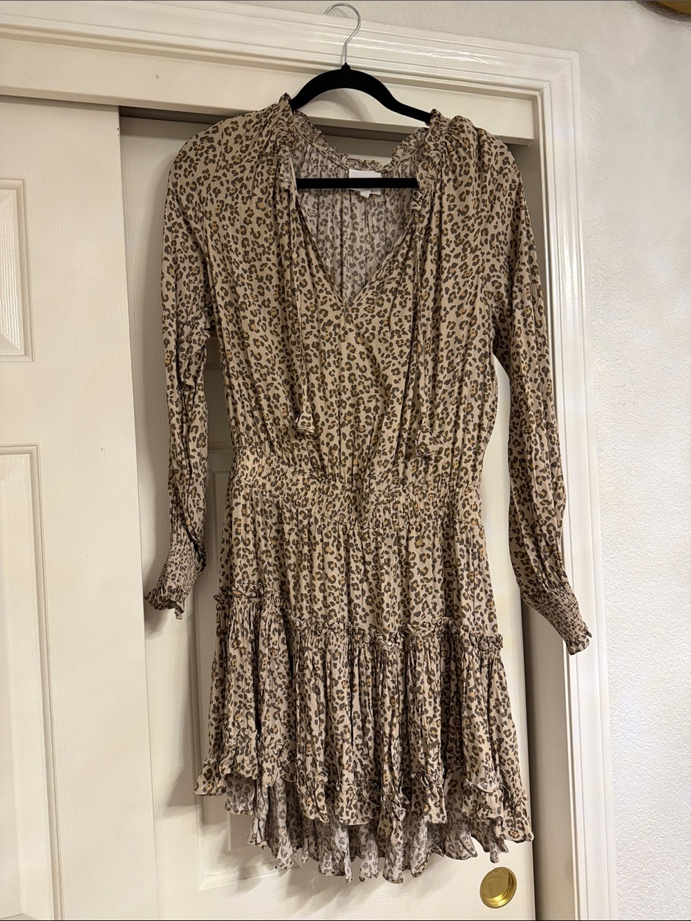 Beige Leopard-Print Long-Sleeve Tiered Mini Dress